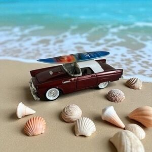 1955 Ford Thunderbird Burgundy Red Die-Cast Model with La Jolla Surfboard Rare